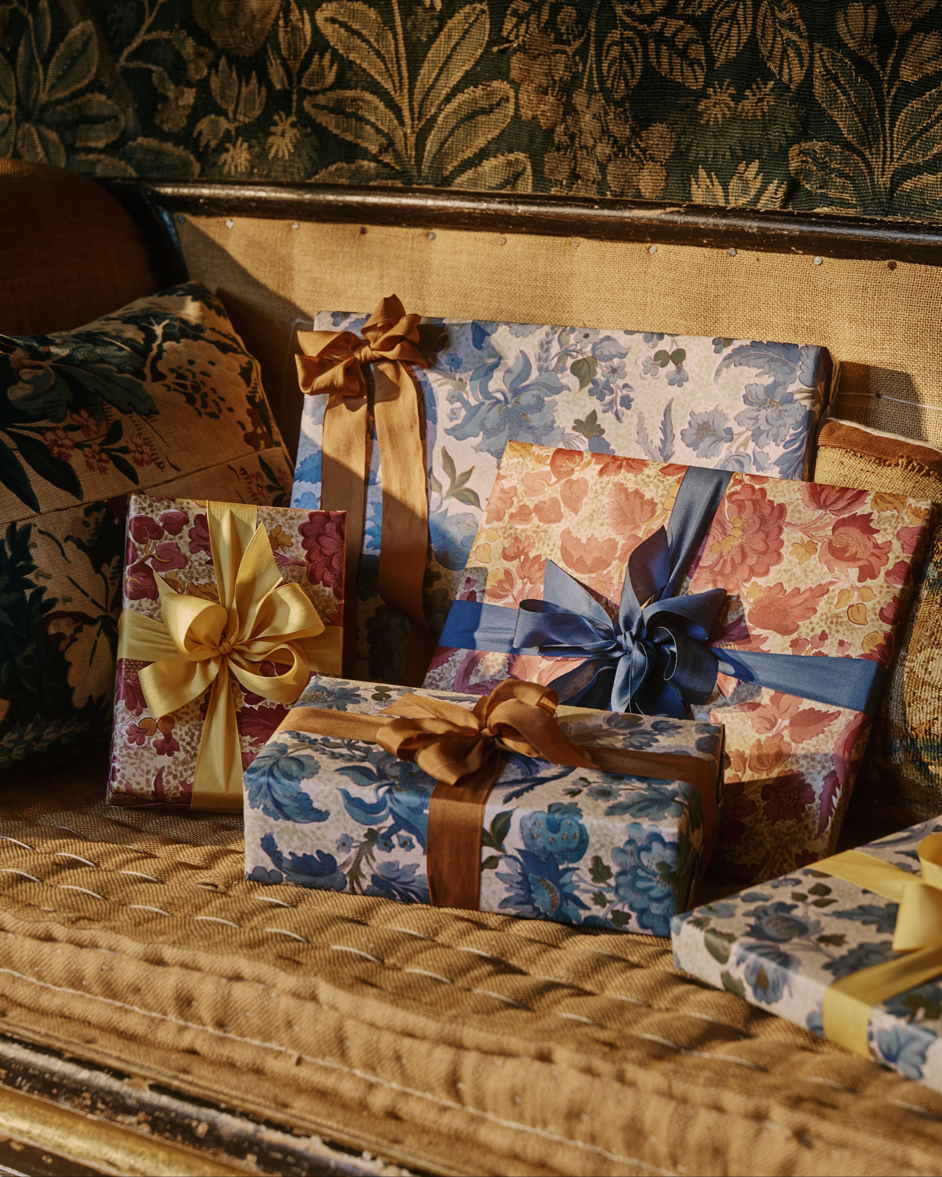 Gifts wrapped in The Kensington Paperie Garthwaite wrapping paper.
