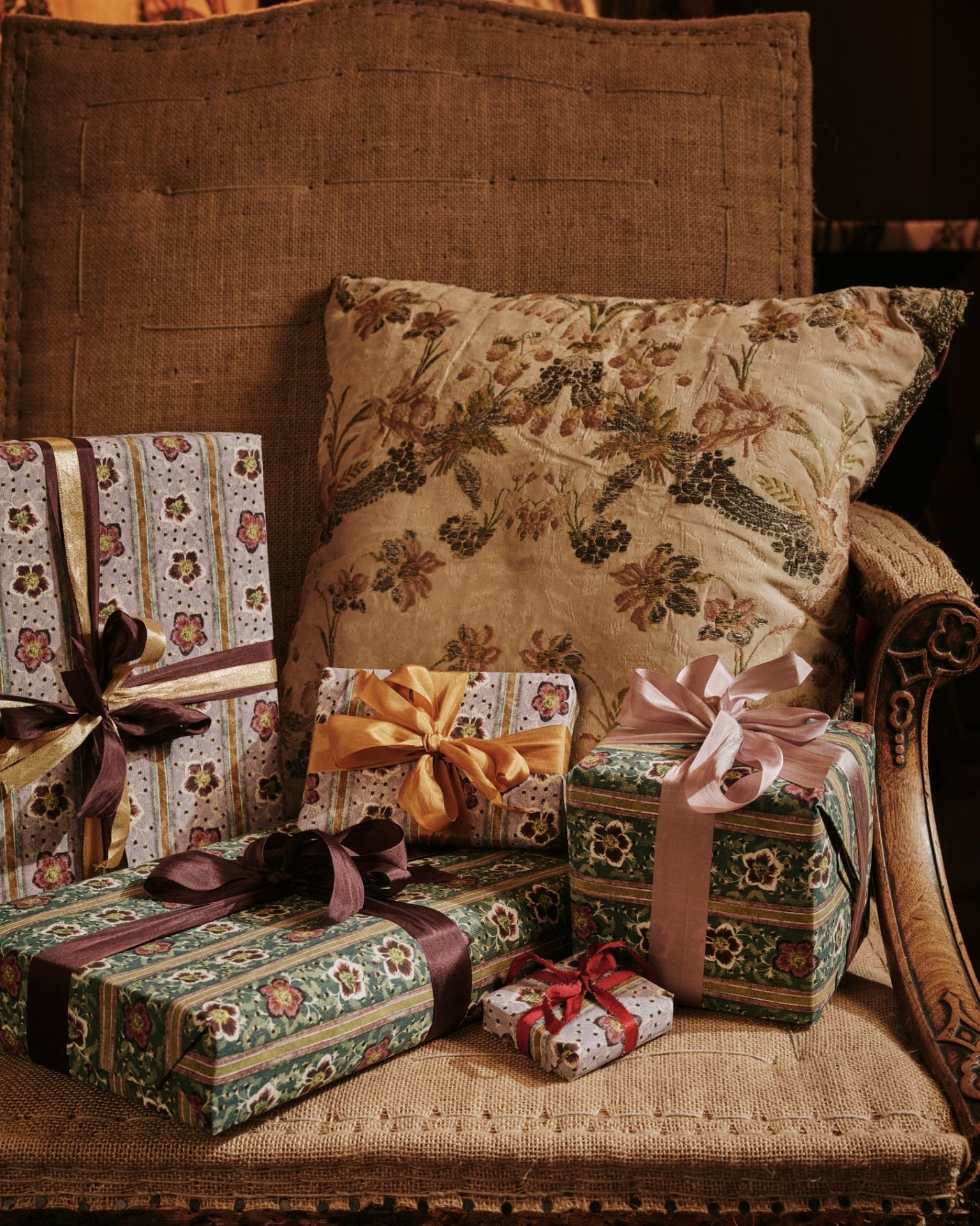 a group shot of The Kensington Paperie winter rose wrapping paper product