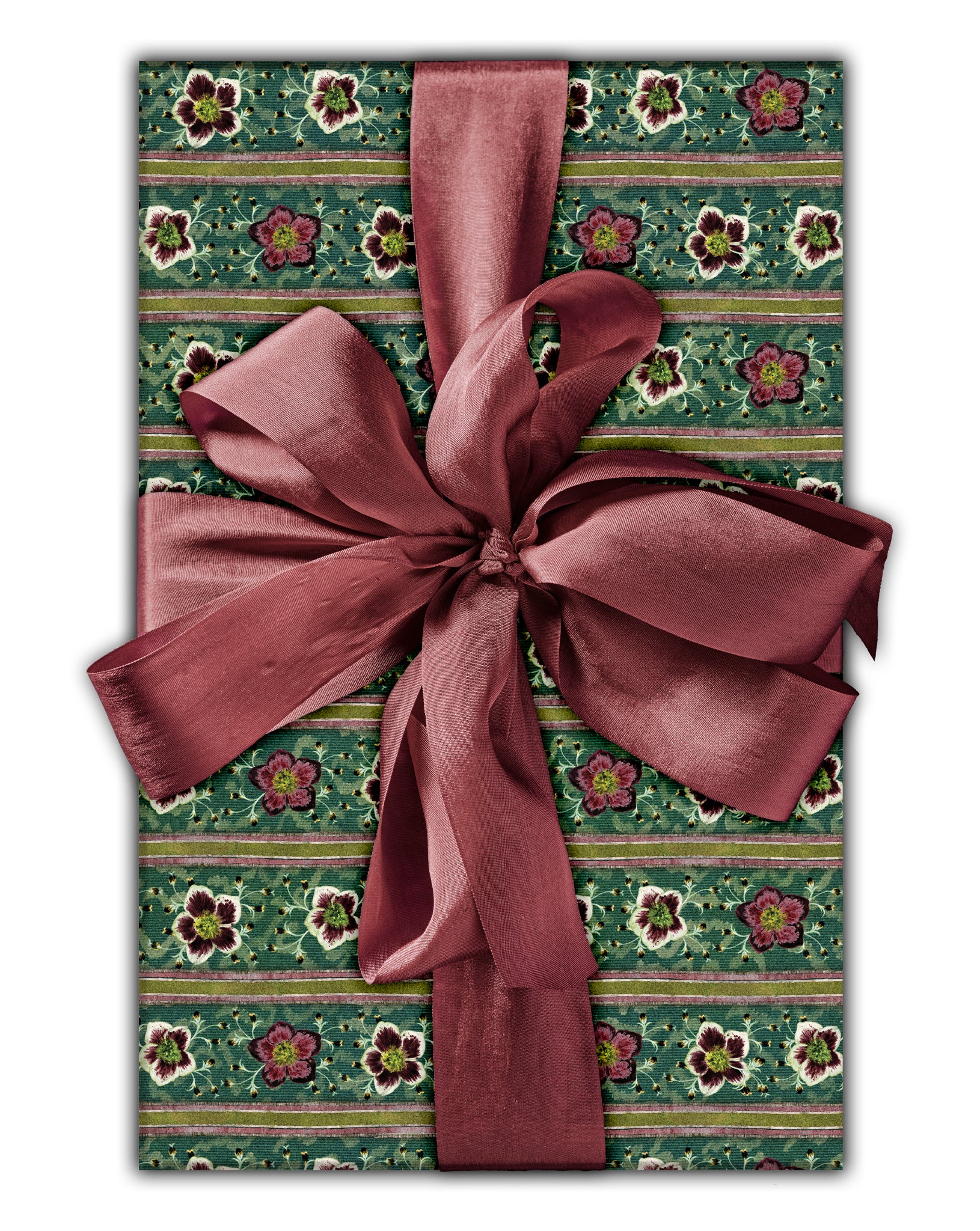 a shot of The Kensington Paperie winter rose evergreen wrapping paper product
