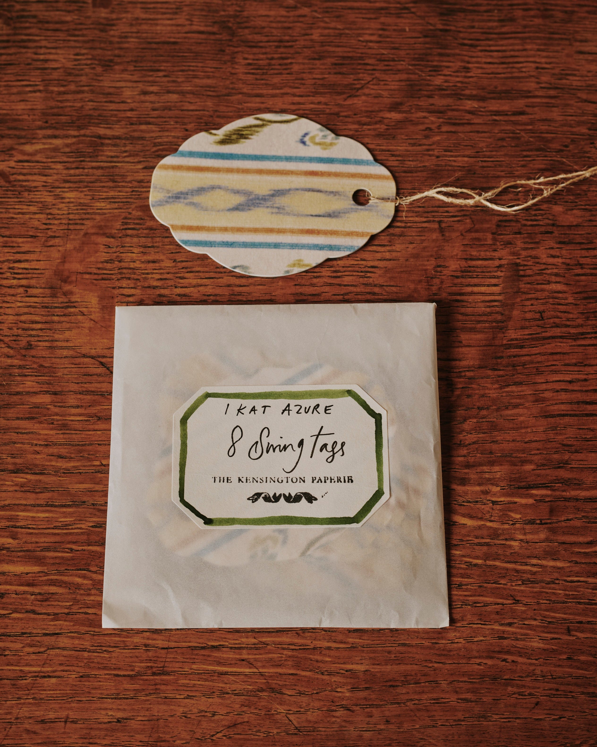 A shot of The Kensington Paperie ikat azure swing tag 